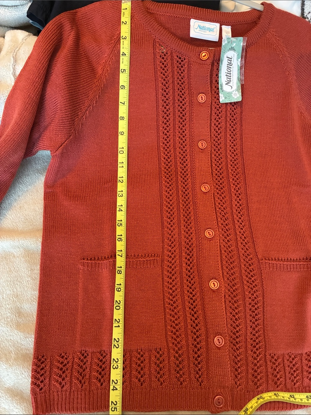 Rust Openwork Button Cardigan with front pockets - Picture 4 of 8